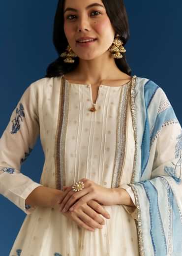 Off White Block Print Anarkali With Zardosi Yoke And Block Print Dupatta