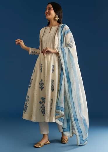 Off White Block Print Anarkali With Zardosi Yoke And Block Print Dupatta