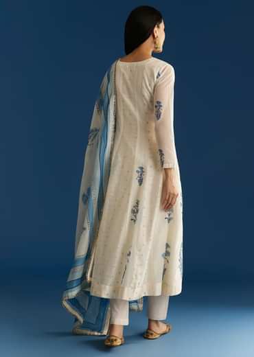 Off White Block Print Anarkali With Zardosi Yoke And Block Print Dupatta