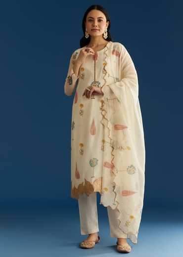 Off White Block Print Kurta And Dupatta Set In Mull Chanderi