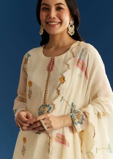 Off White Block Print Kurta And Dupatta Set In Mull Chanderi