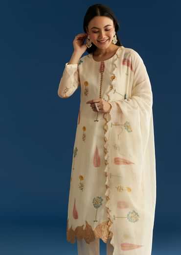 Off White Block Print Kurta And Dupatta Set In Mull Chanderi