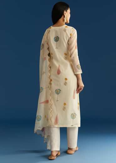 Off White Block Print Kurta And Dupatta Set In Mull Chanderi