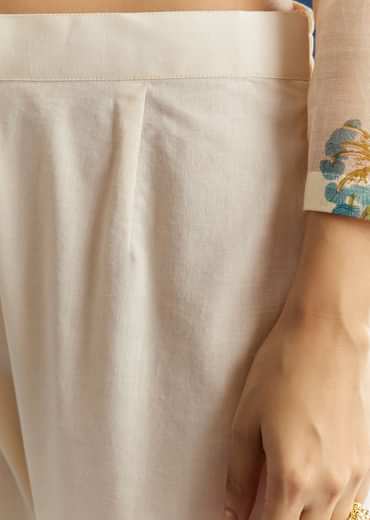 Off White Block Print Kurta And Dupatta Set In Mull Chanderi