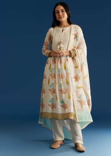 Off White Block Print Anarkali And Dupatta Set With Gotta Lace Detailing