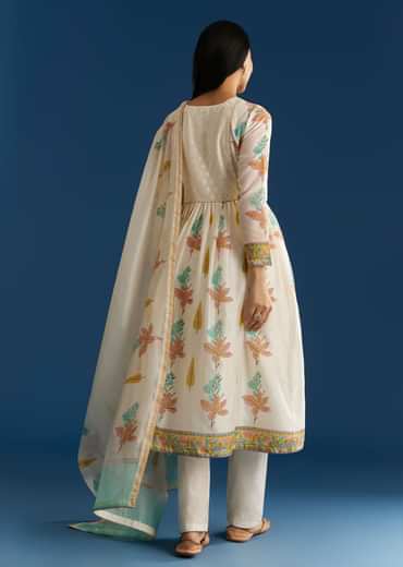 Off White Block Print Anarkali And Dupatta Set With Gotta Lace Detailing
