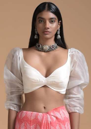 Off White Blouse In Raw Silk With Fancy Puffed Organza Sleeves And Sweetheart Neckline