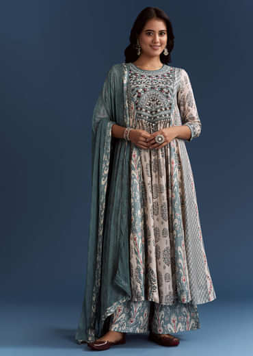 Off White Blue Muslin Anarkali With Print Detail
