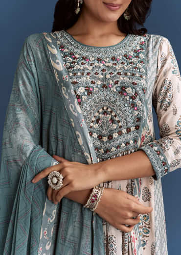 Off White Blue Muslin Anarkali With Print Detail