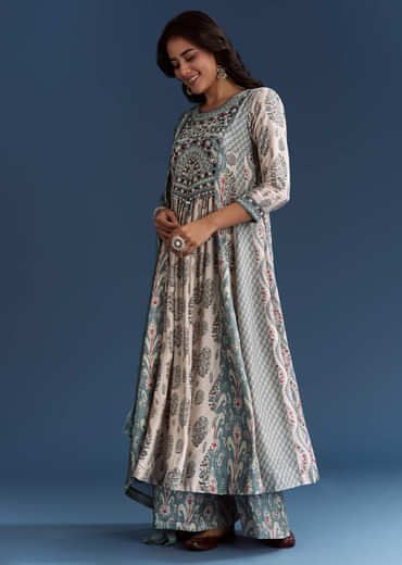 Off White Blue Muslin Anarkali With Print Detail