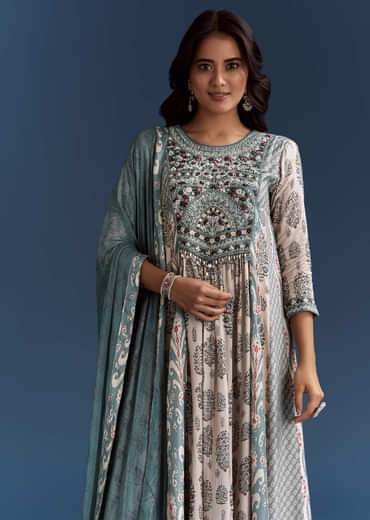 Off White Blue Muslin Anarkali With Print Detail