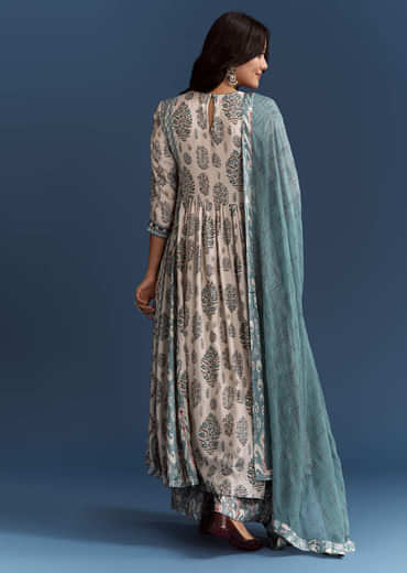 Off White Blue Muslin Anarkali With Print Detail