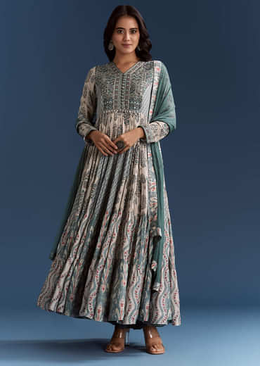Off White Blue Printed Muslin Anarkali With Dupatta