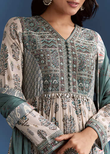 Off White Blue Printed Muslin Anarkali With Dupatta
