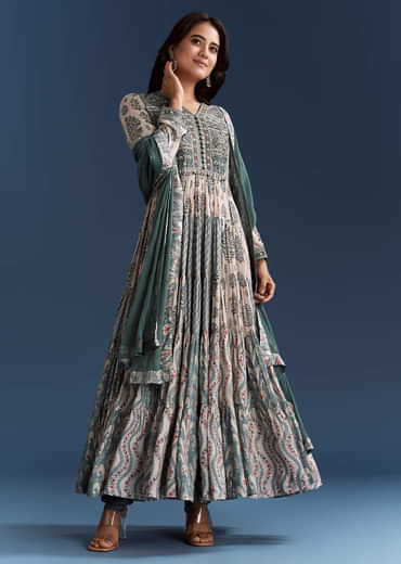 Off White Blue Printed Muslin Anarkali With Dupatta