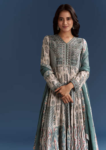 Off White Blue Printed Muslin Anarkali With Dupatta
