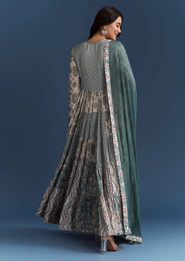 Off White Blue Printed Muslin Anarkali With Dupatta