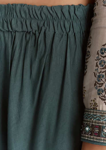 Off White Blue Printed Muslin Anarkali With Dupatta