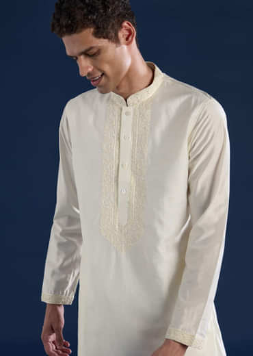 Off White Chanderi Kashmiri Work Mens Kurta and Pant Set