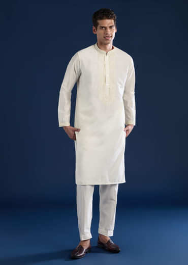 Off White Chanderi Kashmiri Work Mens Kurta and Pant Set