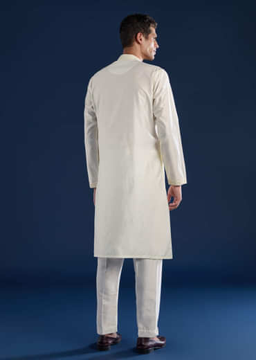 Off White Chanderi Kashmiri Work Mens Kurta and Pant Set