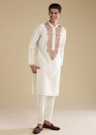 Off White Chanderi Kurta Set with Kashmiri Hand Work