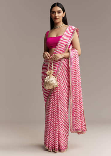 Off White Chinnon Saree With Pink Striped Print And Gota Detailing