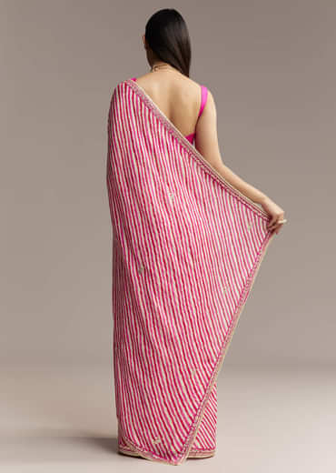 Off White Chinnon Saree With Pink Striped Print And Gota Detailing