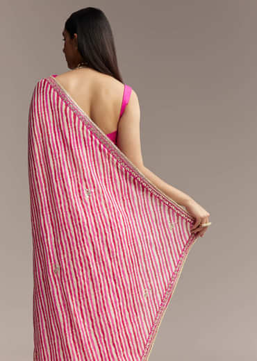 Off White Chinnon Saree With Pink Striped Print And Gota Detailing