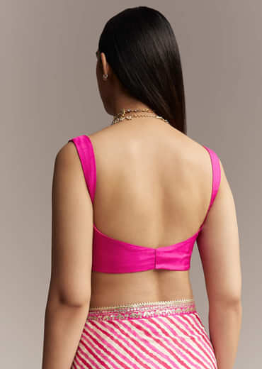 Off White Chinnon Saree With Pink Striped Print And Gota Detailing