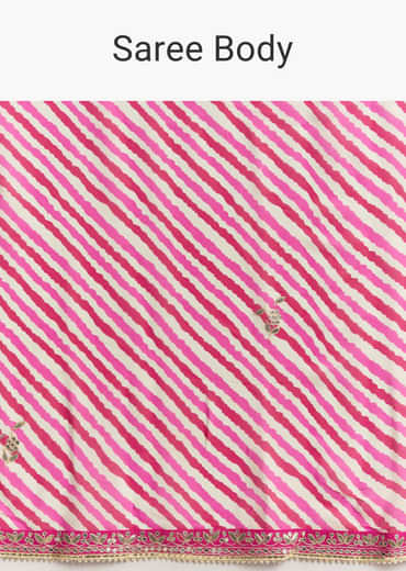 Off White Chinnon Saree With Pink Striped Print And Gota Detailing