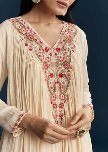 Off White Chinon Indo Western Top And Sharara Set With Zardosi Work