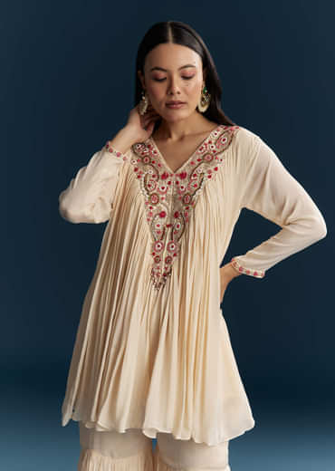 Off White Chinon Indo Western Top And Sharara Set With Zardosi Work