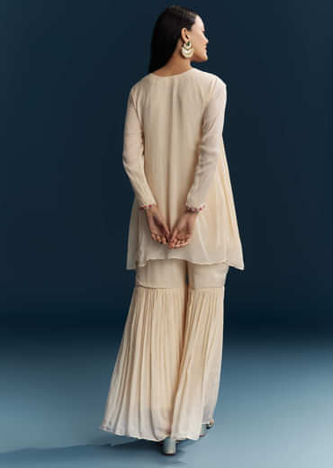 Off White Chinon Indo Western Top And Sharara Set With Zardosi Work