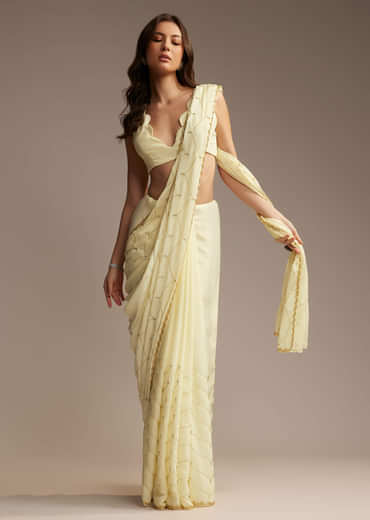 Off White Chinon Saree with Cutdana and Stone Work