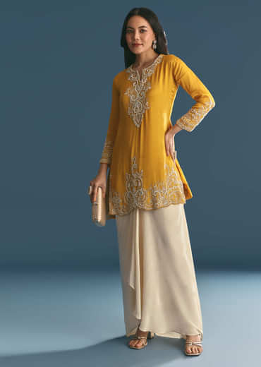 Off White Chinon Skirt Set With Yellow Moti Embroidered Kurta