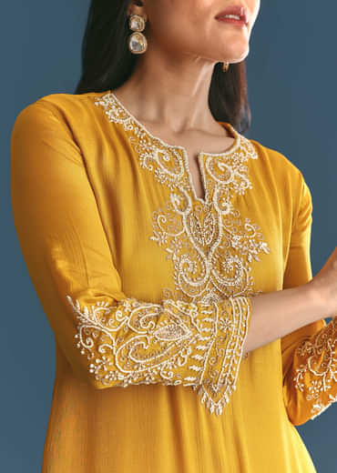 Off White Chinon Skirt Set With Yellow Moti Embroidered Kurta