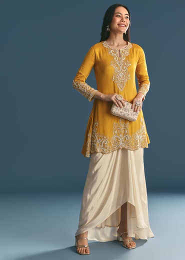 Off White Chinon Skirt Set With Yellow Moti Embroidered Kurta