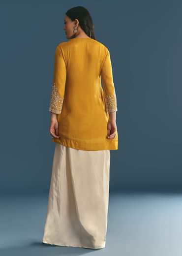 Off White Chinon Skirt Set With Yellow Moti Embroidered Kurta
