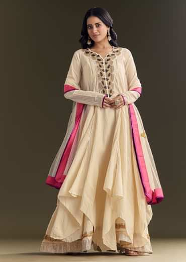 Off White Cora Cotton Asymmetrical Kurta Palazzo With Net Dupatta