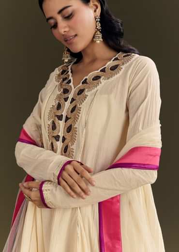 Off White Cora Cotton Asymmetrical Kurta Palazzo With Net Dupatta