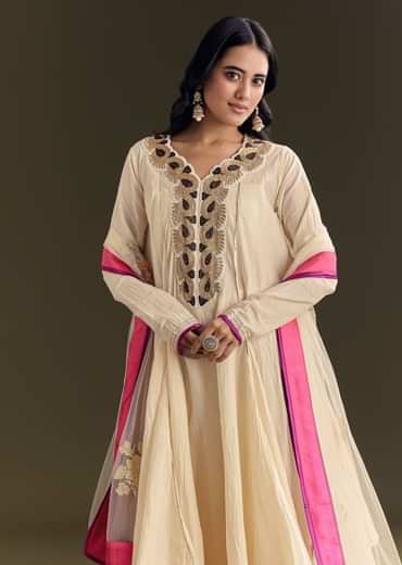 Off White Cora Cotton Asymmetrical Kurta Palazzo With Net Dupatta