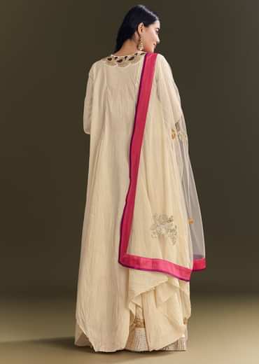 Off White Cora Cotton Asymmetrical Kurta Palazzo With Net Dupatta