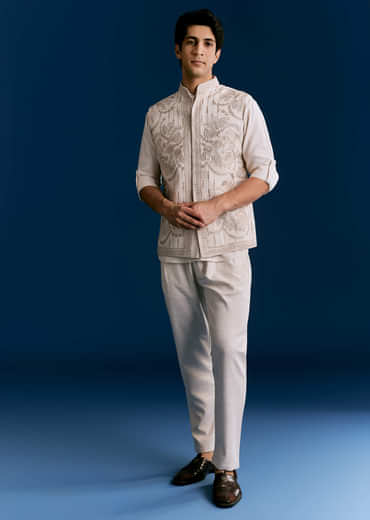 Off White Cotton Kurta Jacket Set With Embroidery