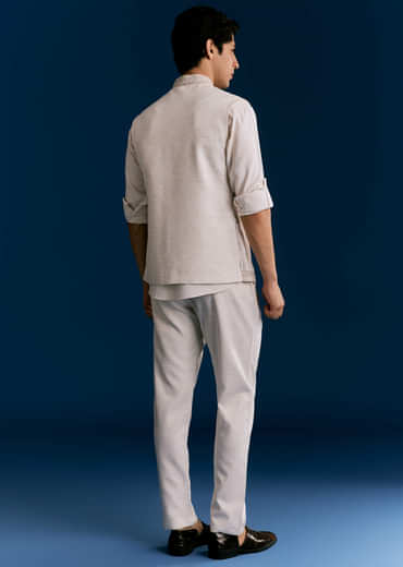 Off White Cotton Kurta Jacket Set With Embroidery