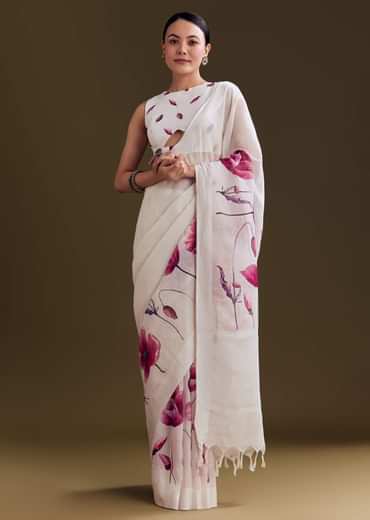 Off White Cotton Linen Saree With Artistic Floral Print