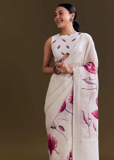 Off White Cotton Linen Saree With Artistic Floral Print