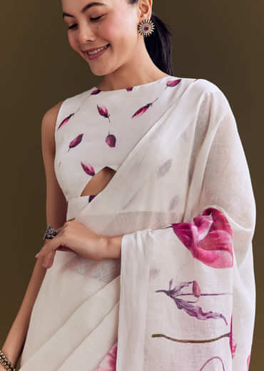 Off White Cotton Linen Saree With Artistic Floral Print