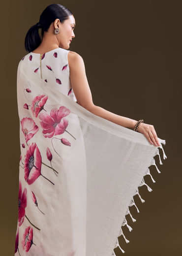 Off White Cotton Linen Saree With Artistic Floral Print