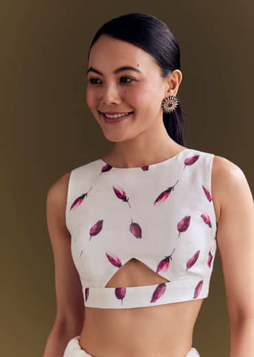 Off White Cotton Linen Saree With Artistic Floral Print